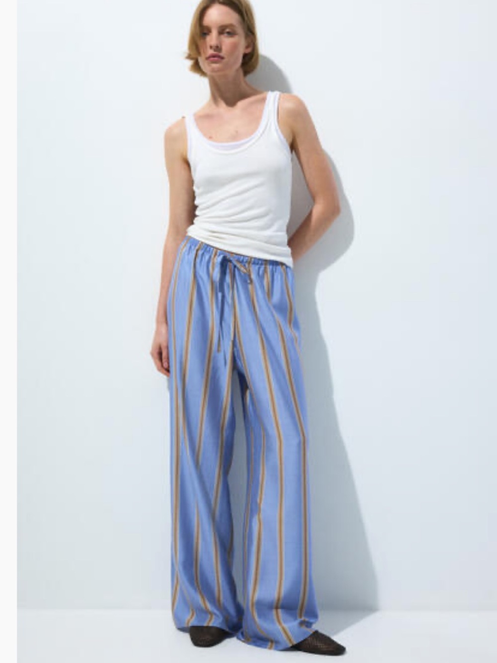 H&M Blue and Tan Striped Wide-Leg Drawstring Pants
